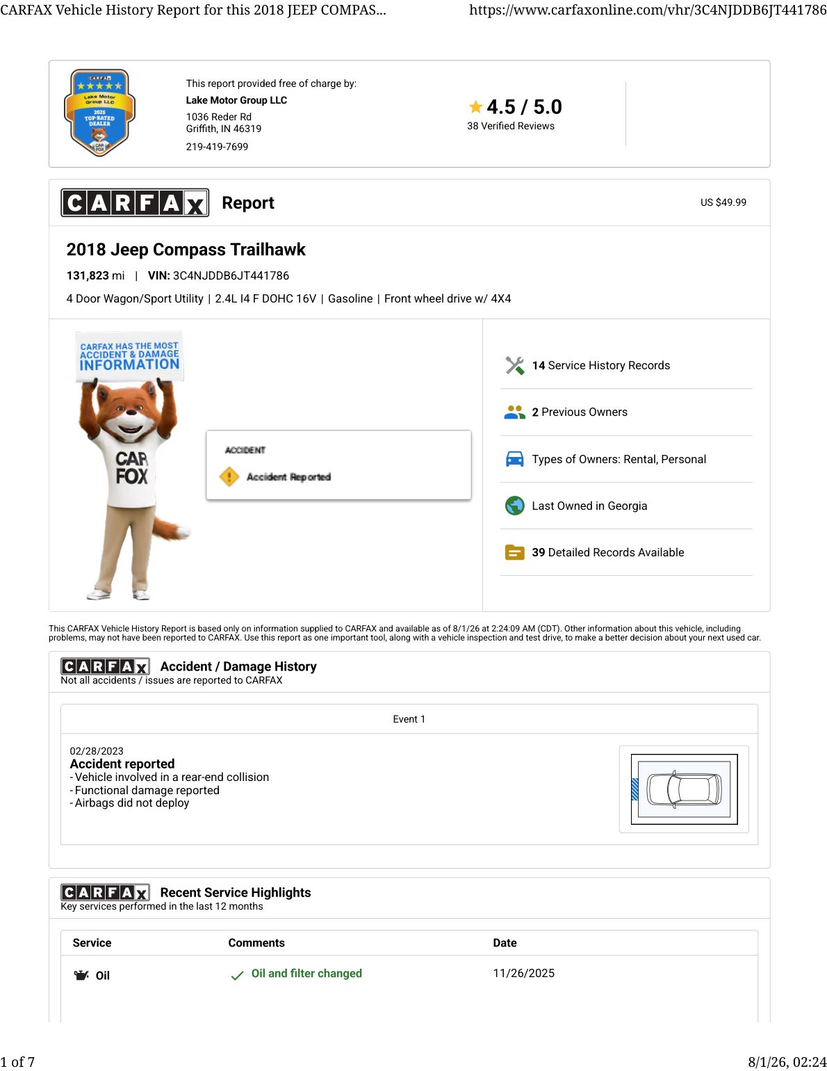 CARFAX vehicle history report — first page