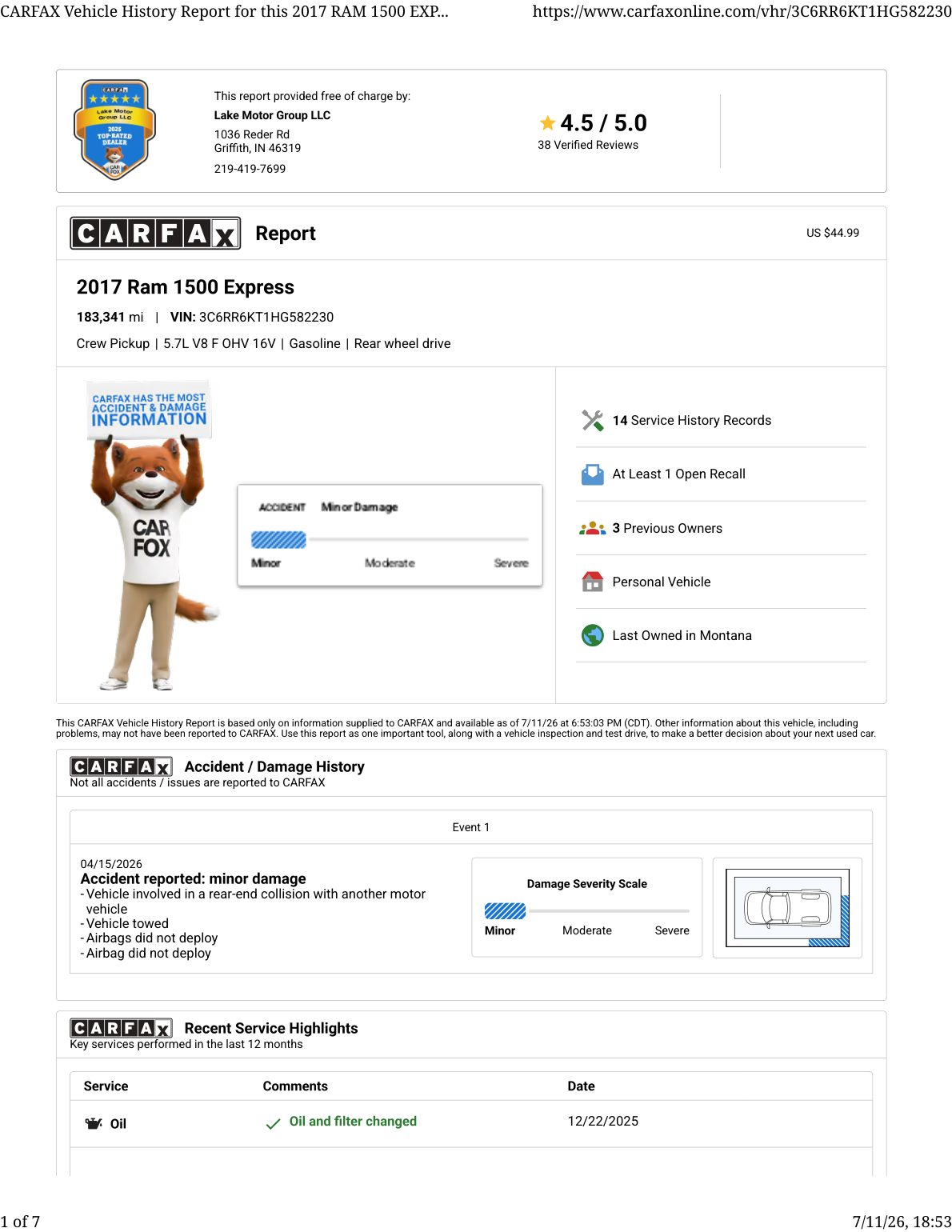 CARFAX vehicle history report — first page