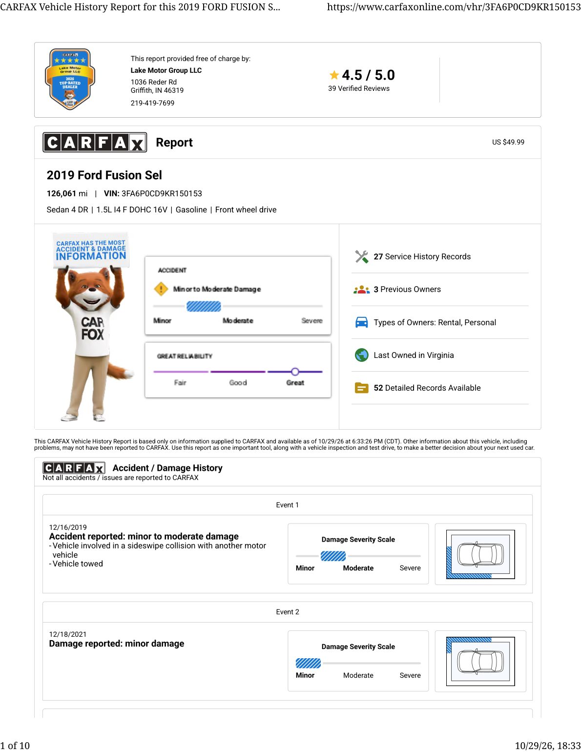 CARFAX vehicle history report — first page