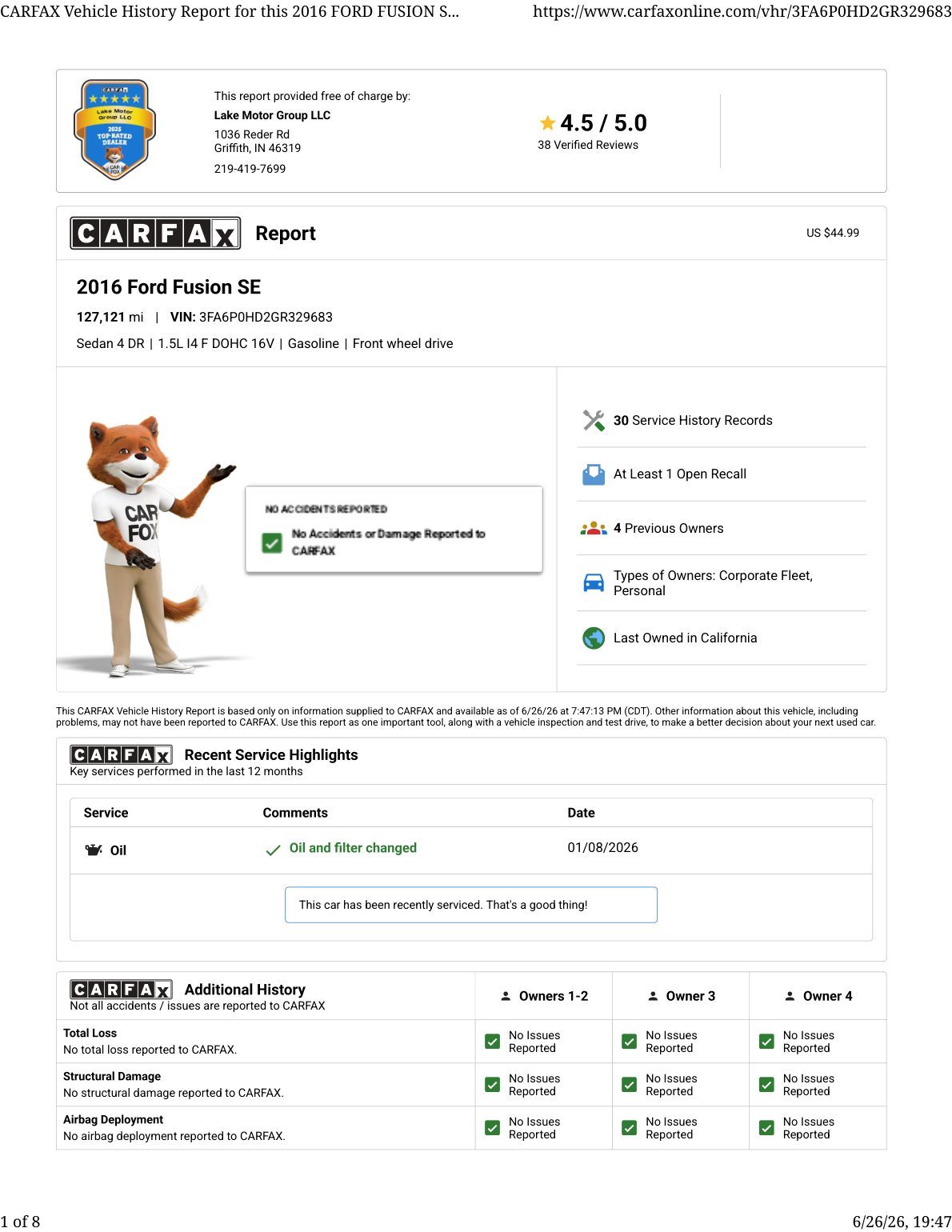 CARFAX vehicle history report — first page