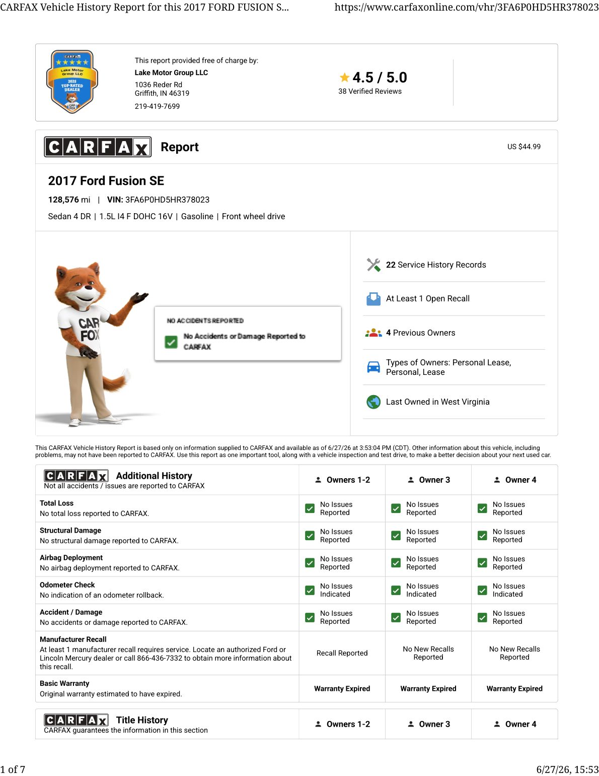 CARFAX vehicle history report — first page