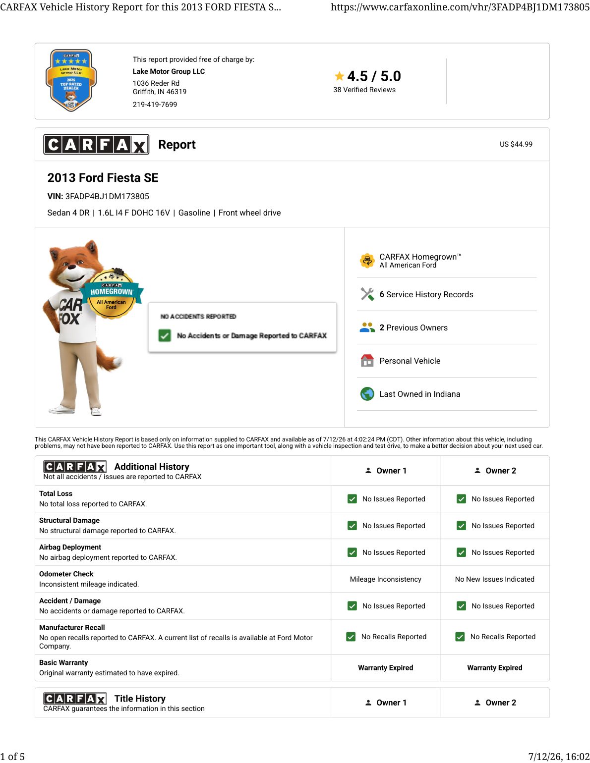 CARFAX vehicle history report — first page