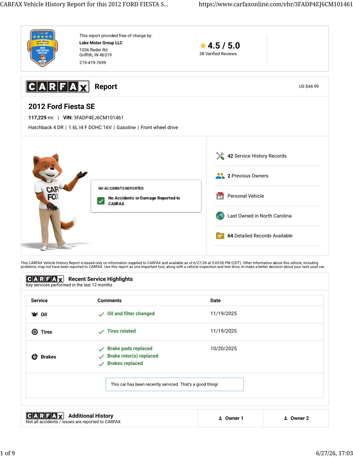 CARFAX vehicle history report — first page