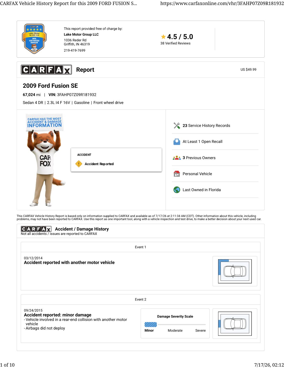 CARFAX vehicle history report — first page