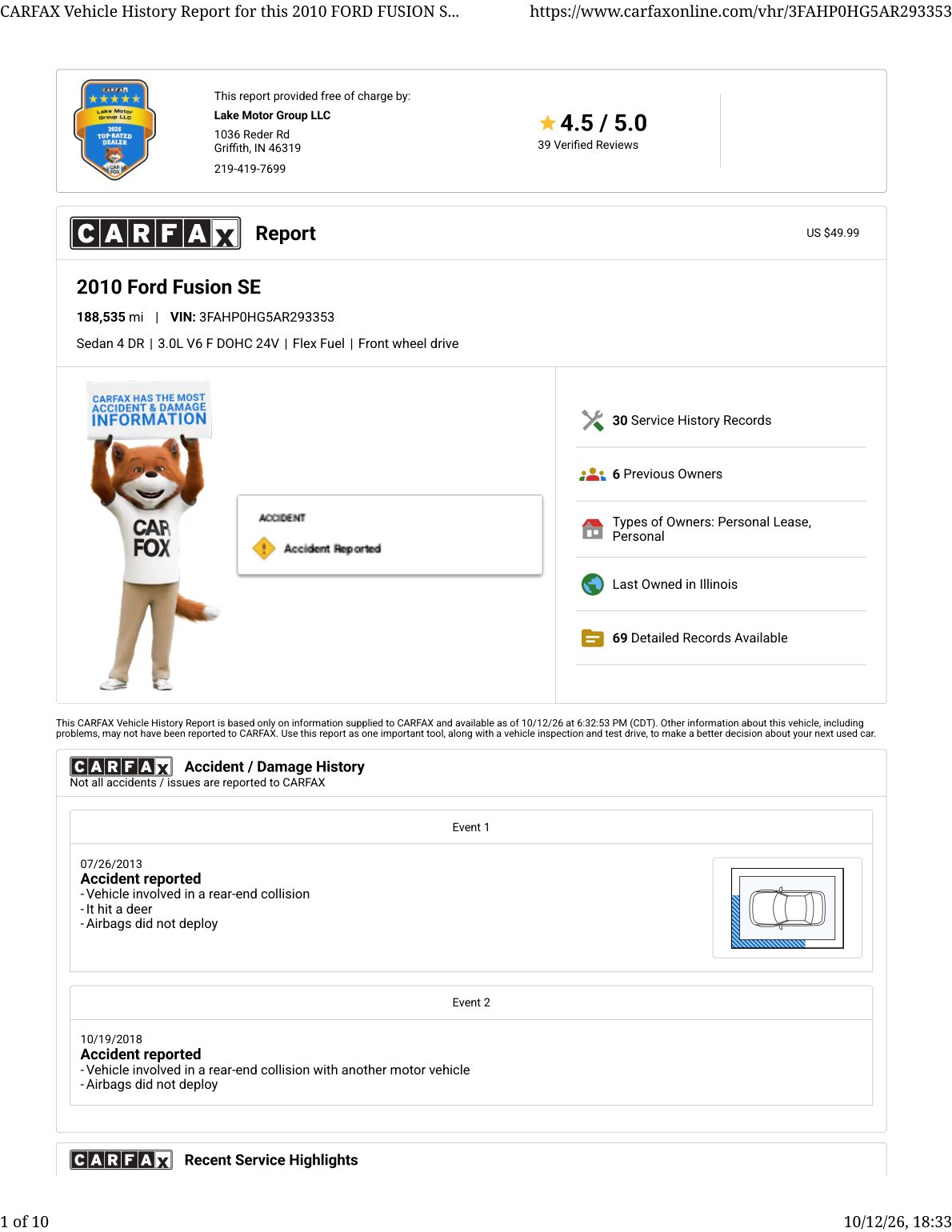 CARFAX vehicle history report — first page