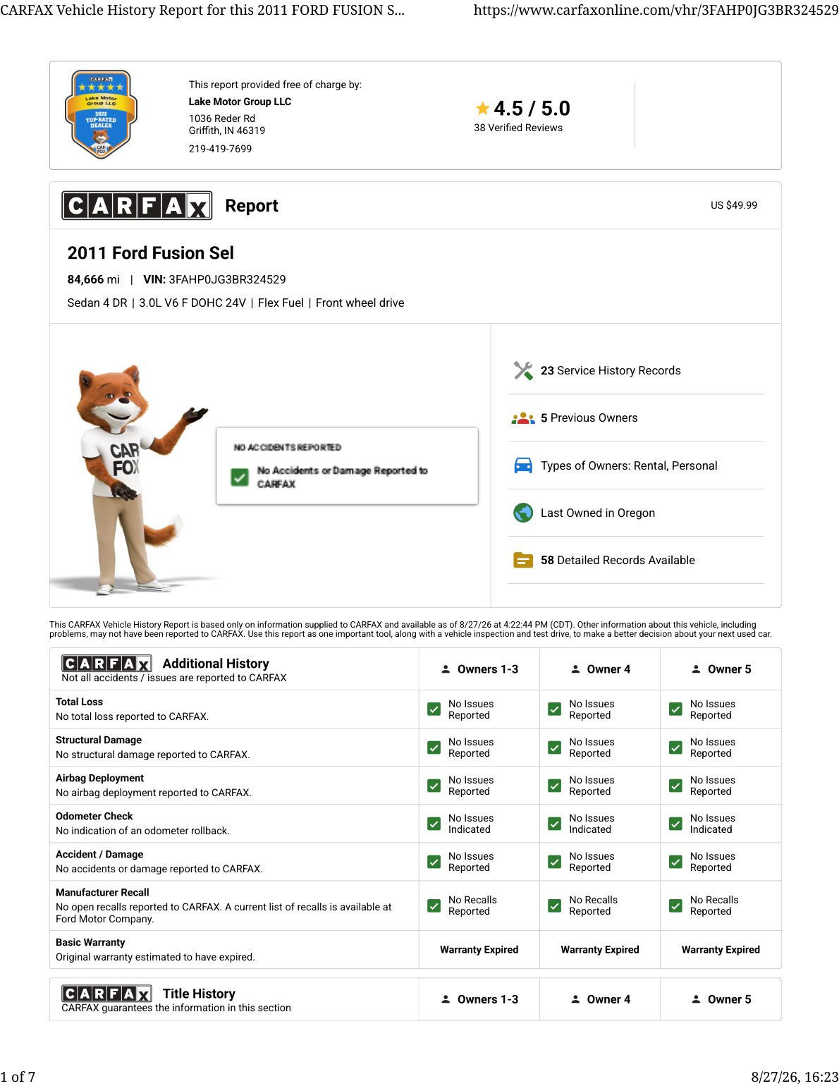 CARFAX vehicle history report — first page
