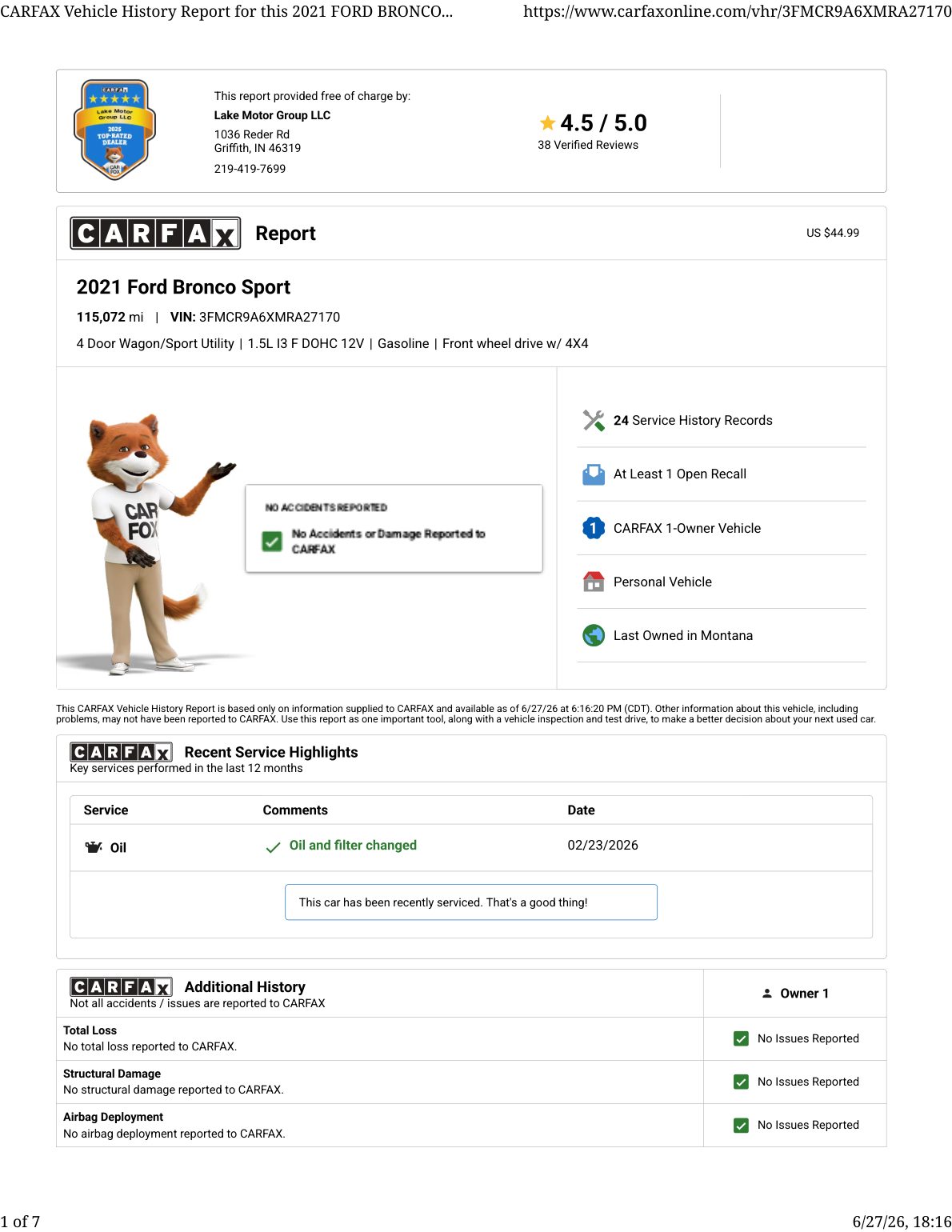 CARFAX vehicle history report — first page