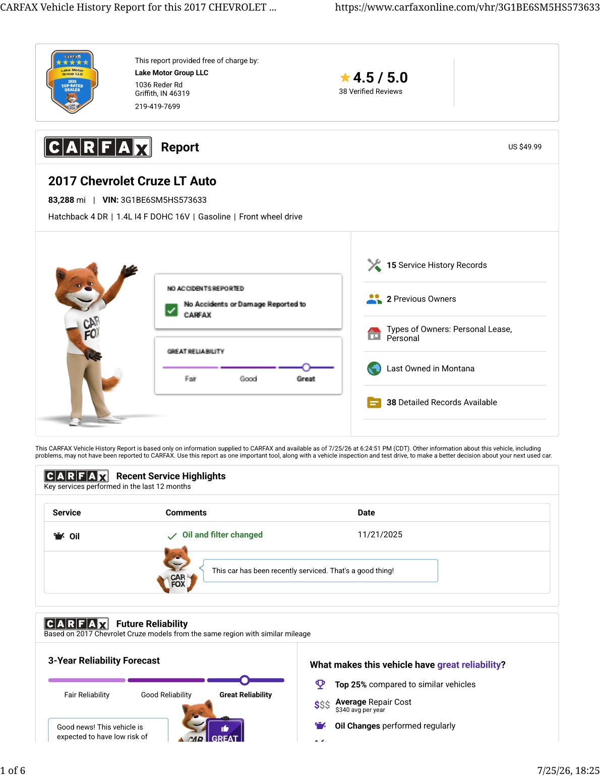 CARFAX vehicle history report — first page
