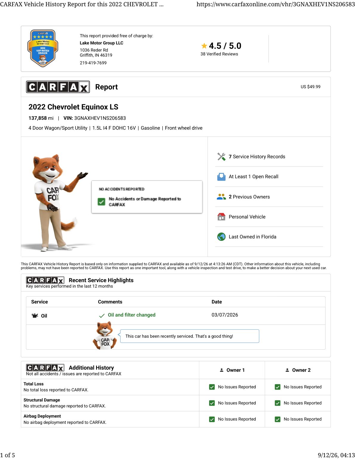 CARFAX vehicle history report — first page