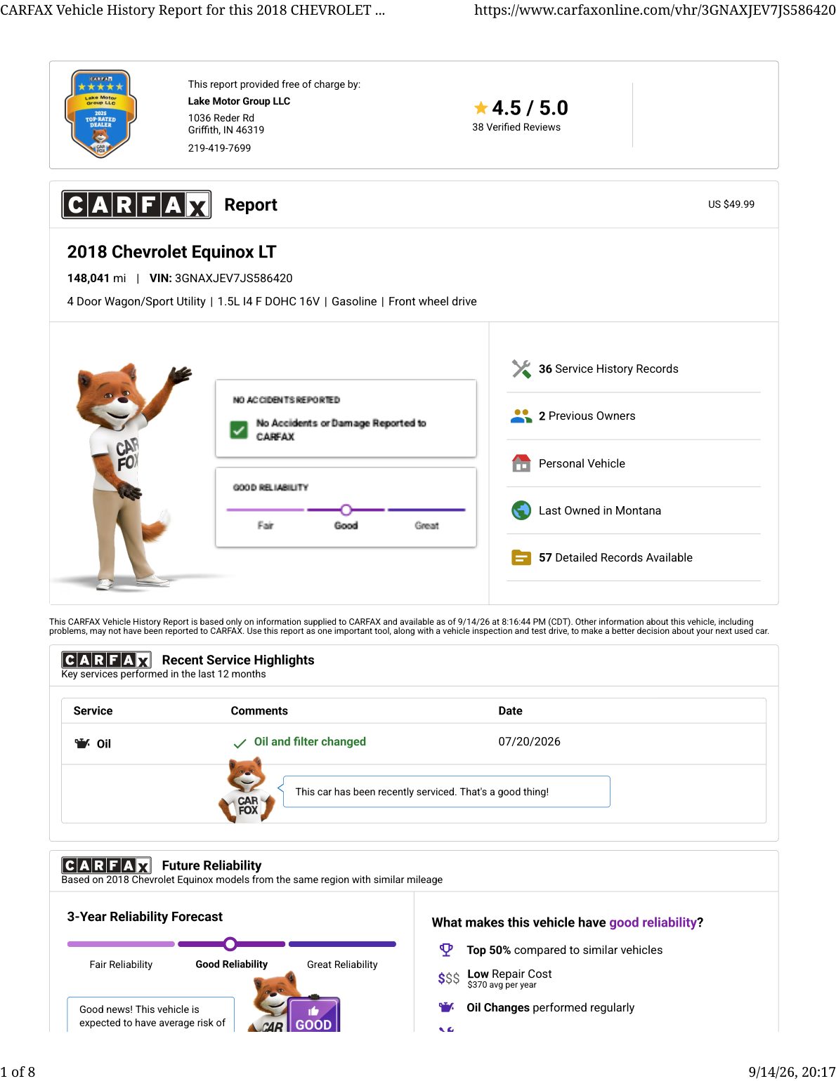 CARFAX vehicle history report — first page
