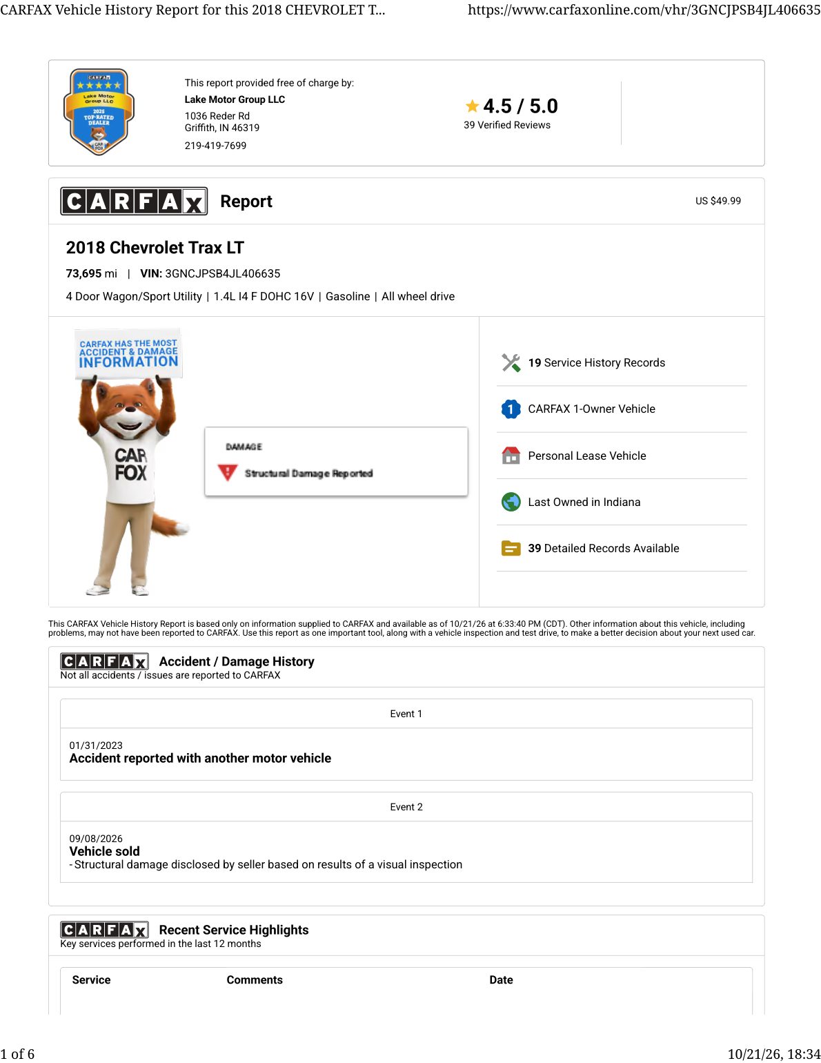 CARFAX vehicle history report — first page
