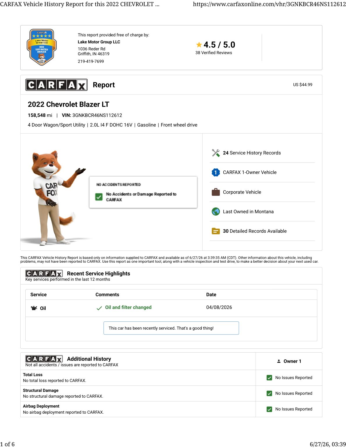 CARFAX vehicle history report — first page