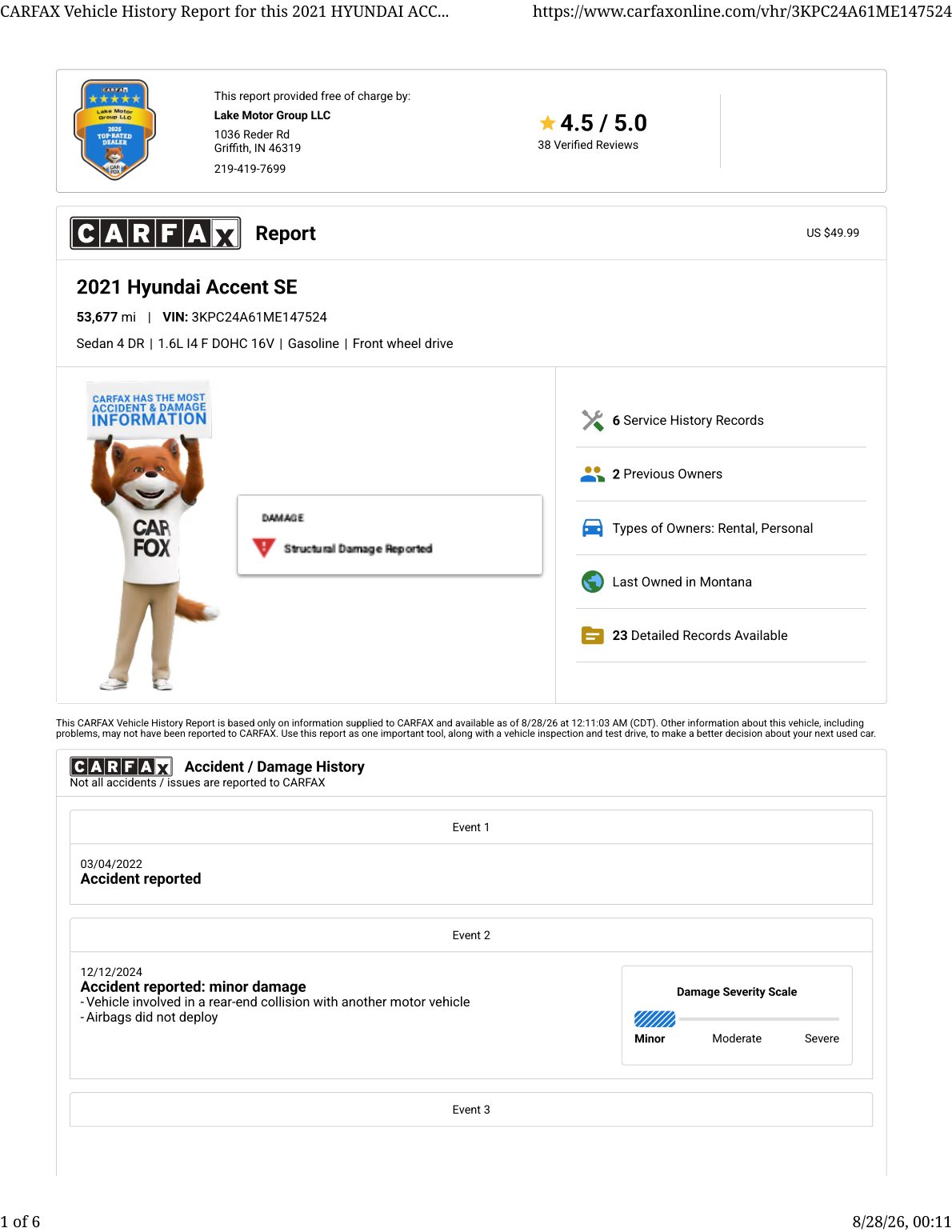 CARFAX vehicle history report — first page