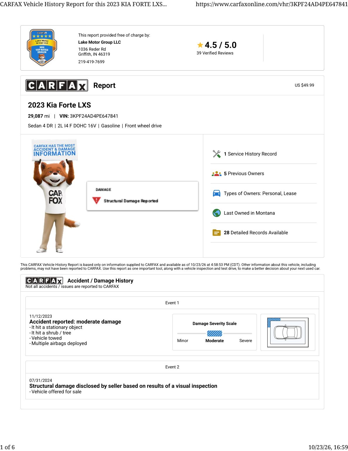 CARFAX vehicle history report — first page