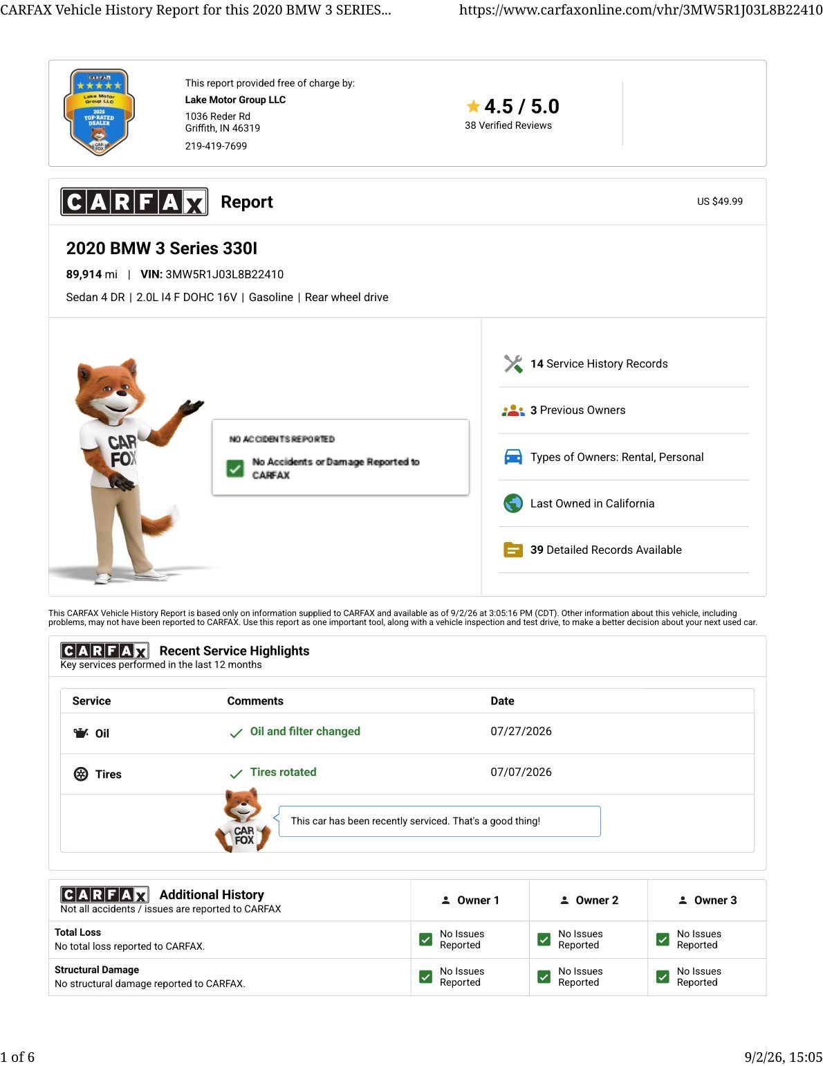 CARFAX vehicle history report — first page