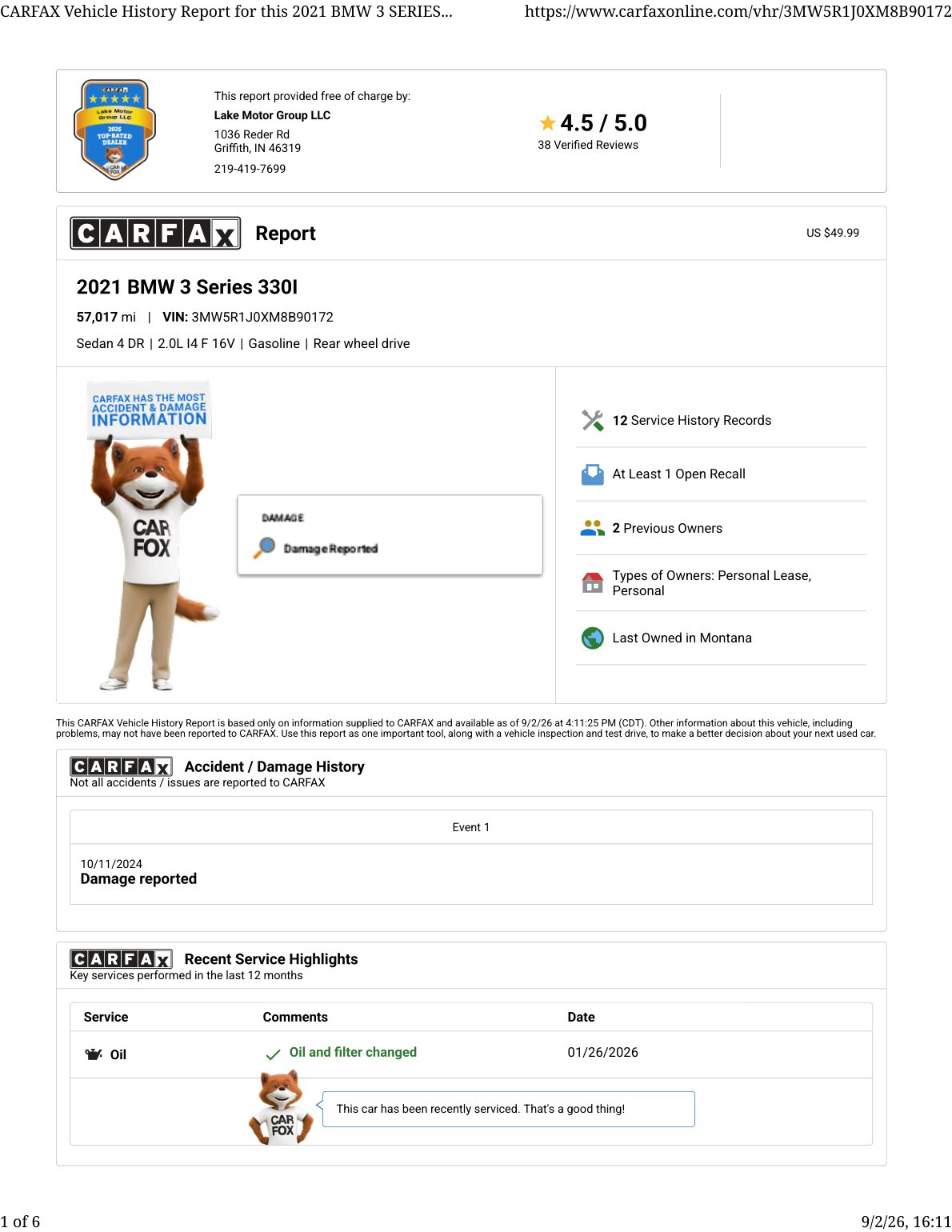 CARFAX vehicle history report — first page
