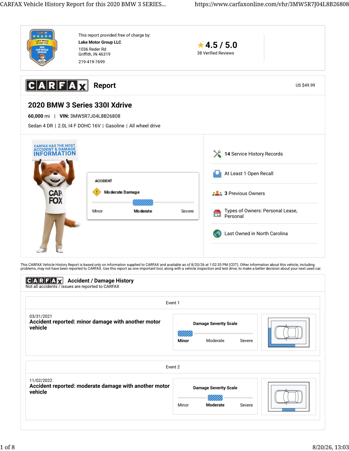 CARFAX vehicle history report — first page