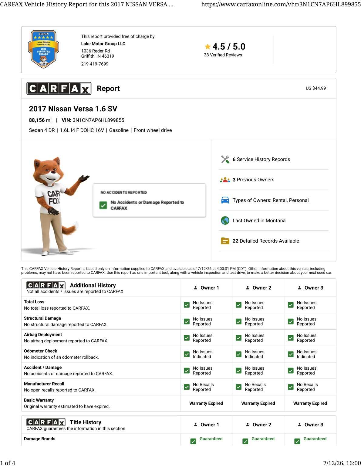 CARFAX vehicle history report — first page