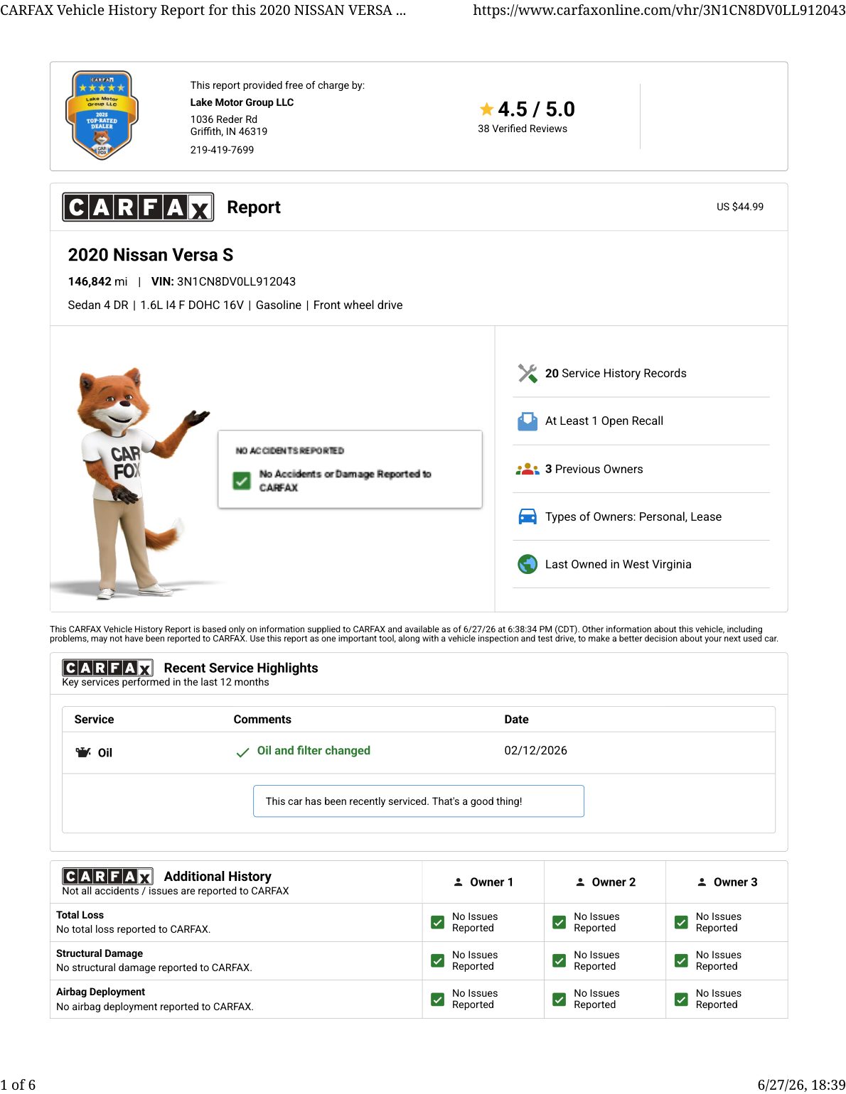 CARFAX vehicle history report — first page