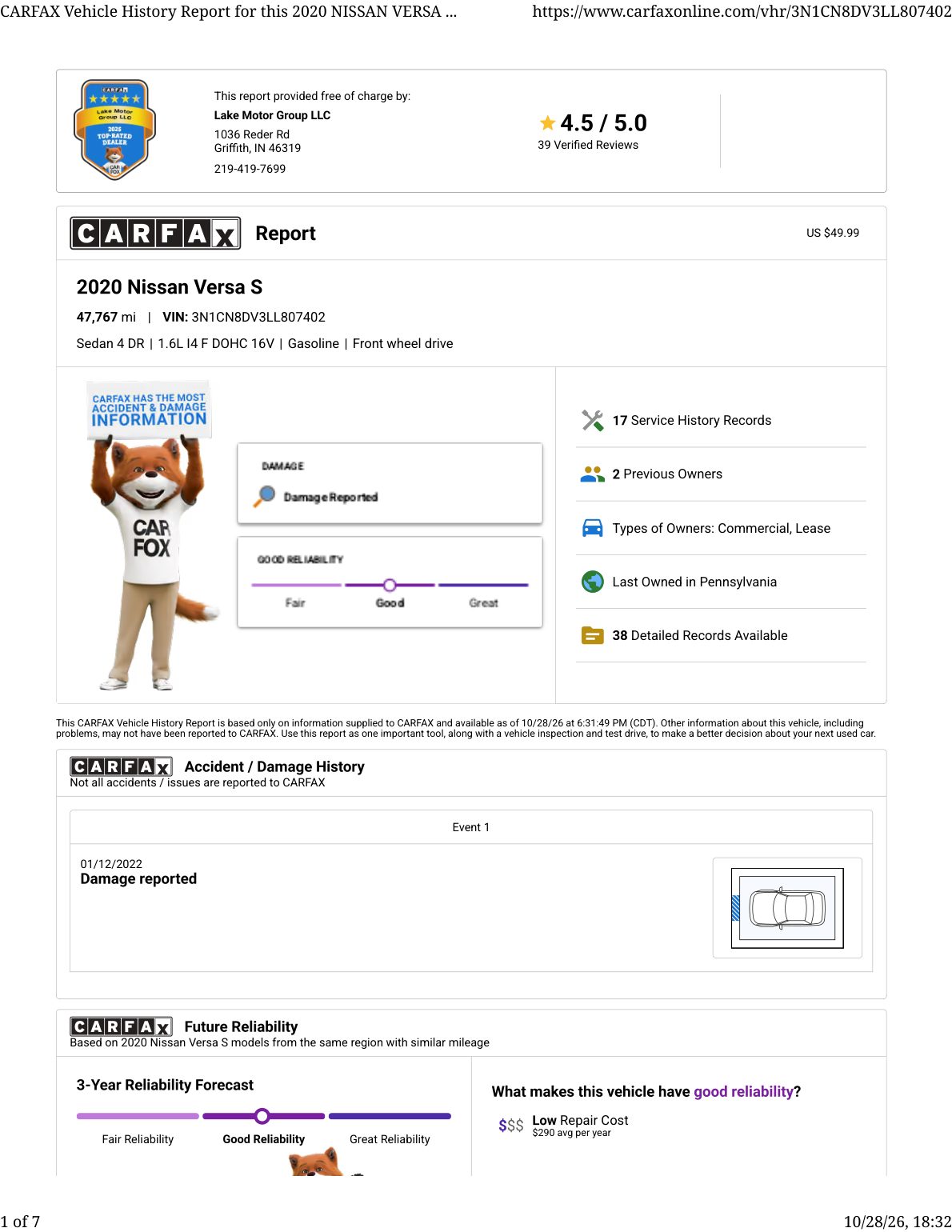 CARFAX vehicle history report — first page