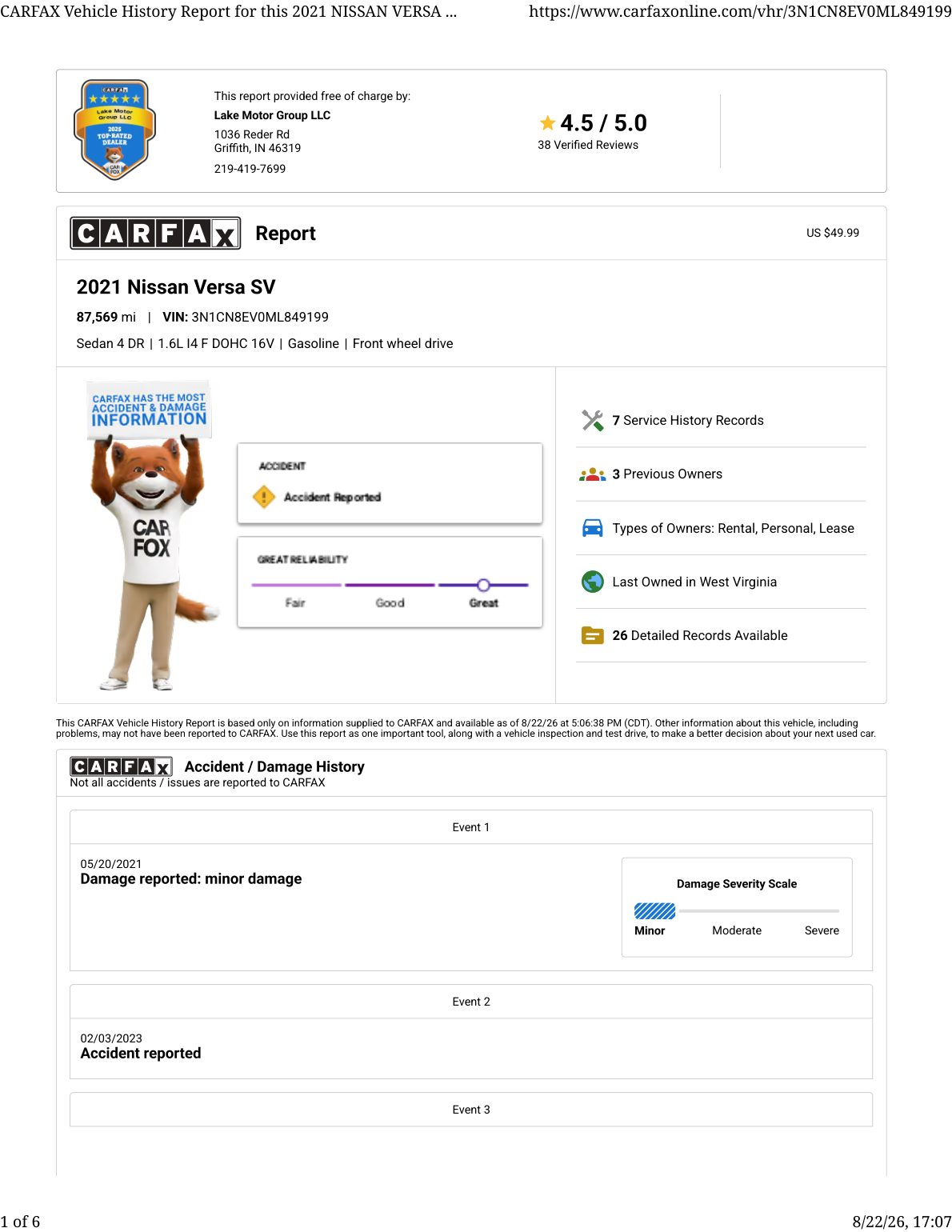 CARFAX vehicle history report — first page