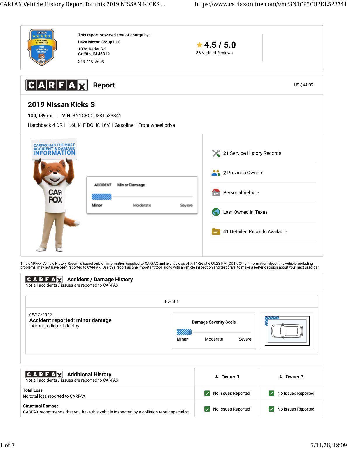 CARFAX vehicle history report — first page