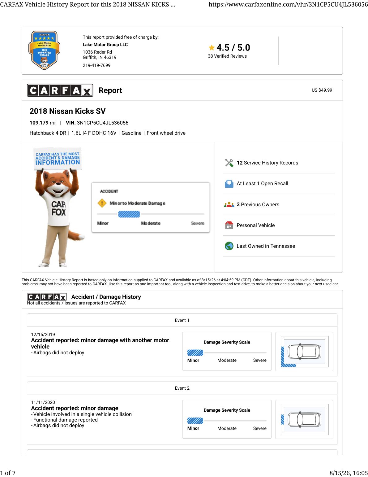 CARFAX vehicle history report — first page