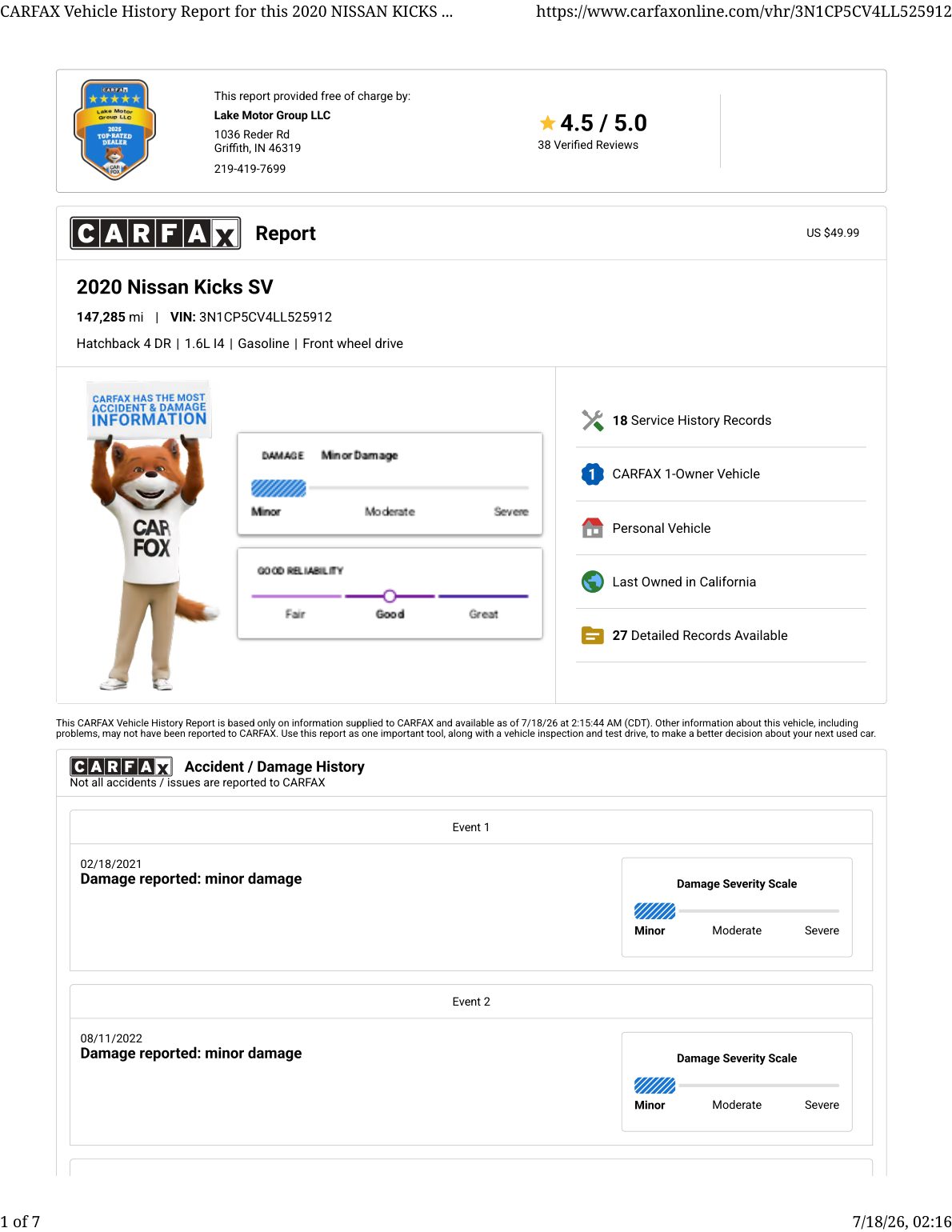 CARFAX vehicle history report — first page