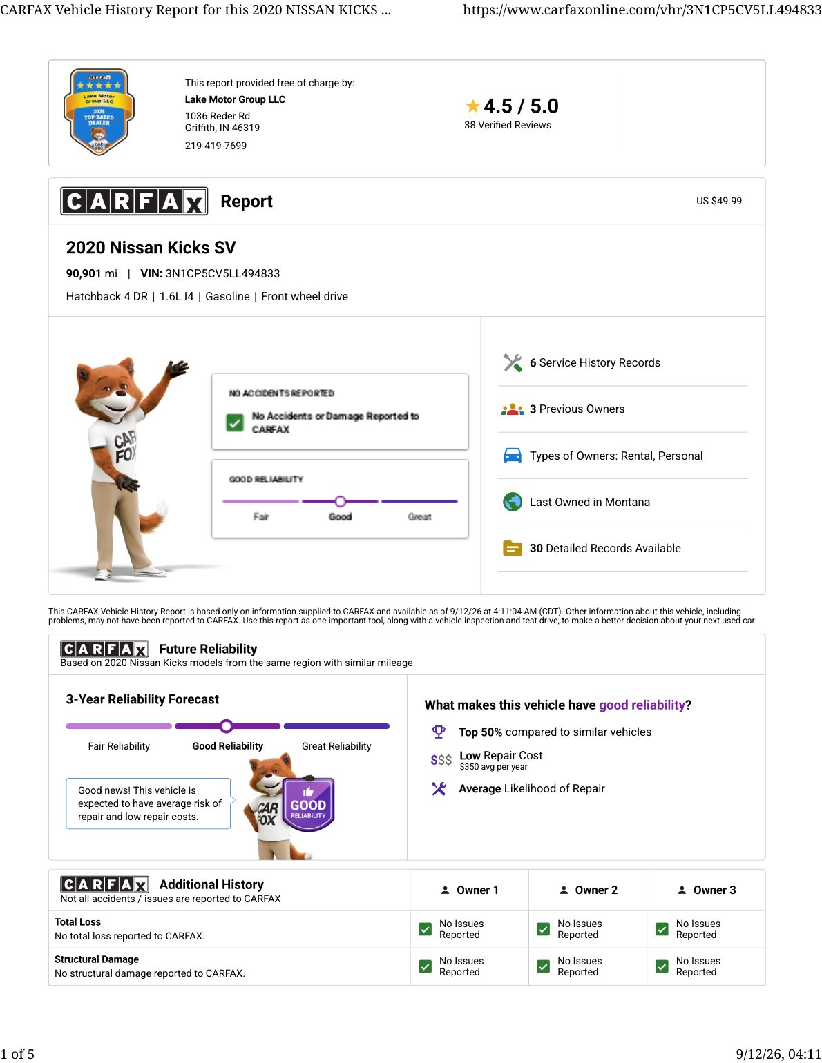CARFAX vehicle history report — first page