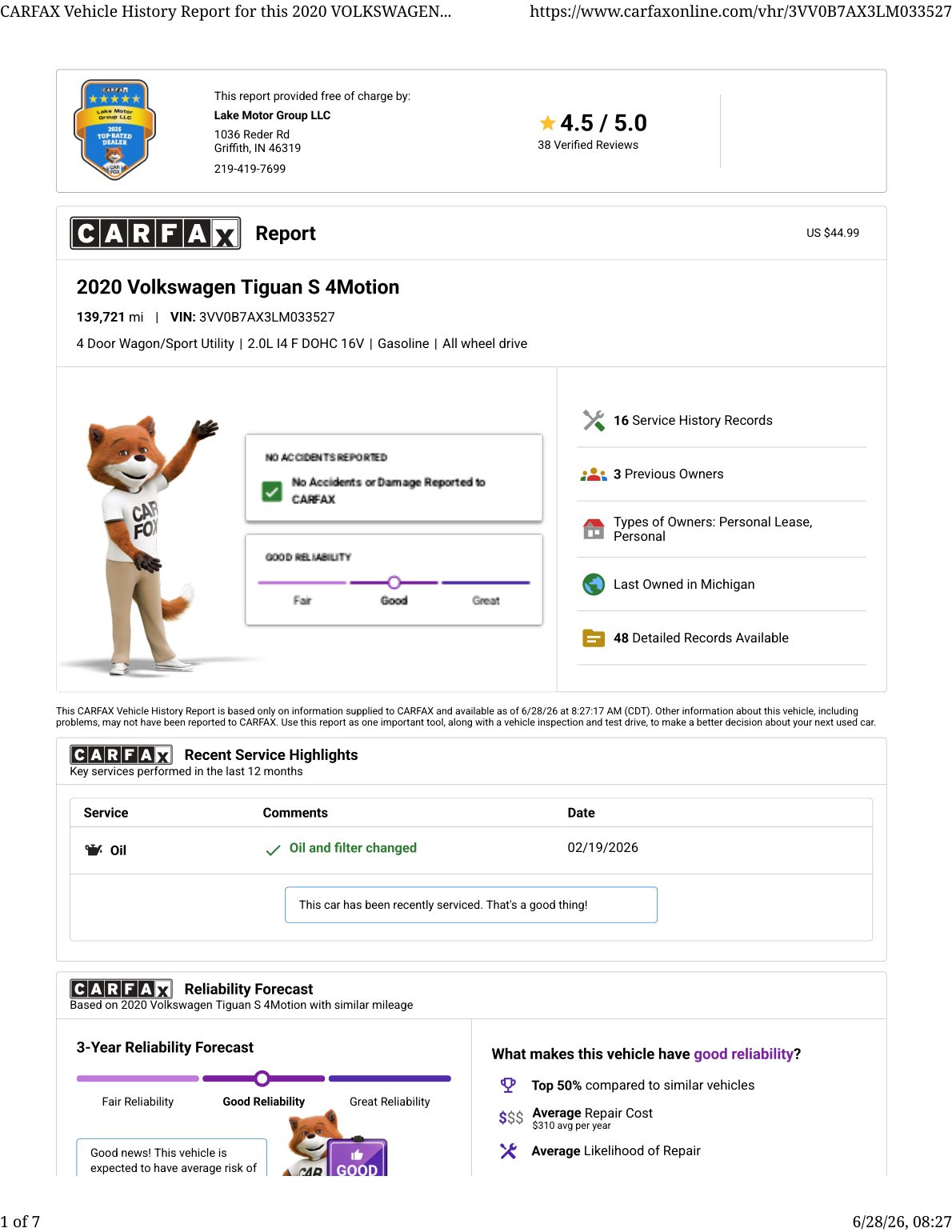 CARFAX vehicle history report — first page