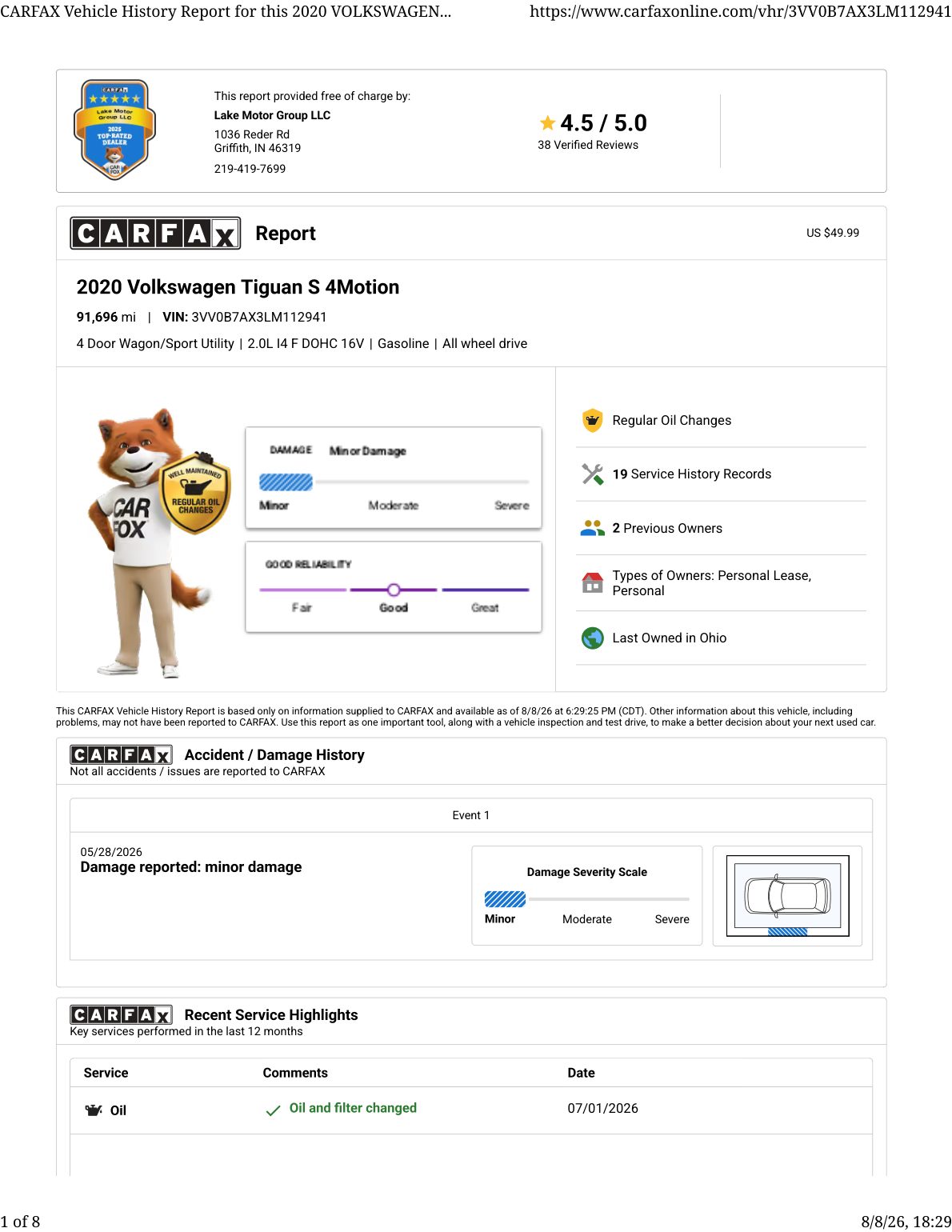 CARFAX vehicle history report — first page