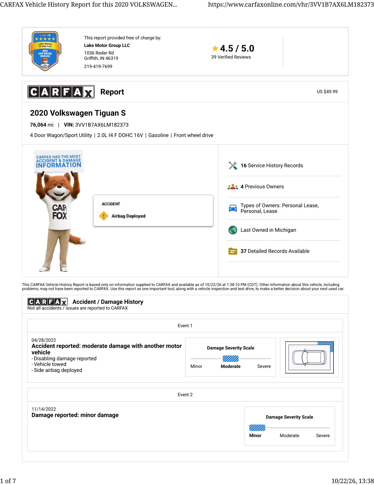 CARFAX vehicle history report — first page
