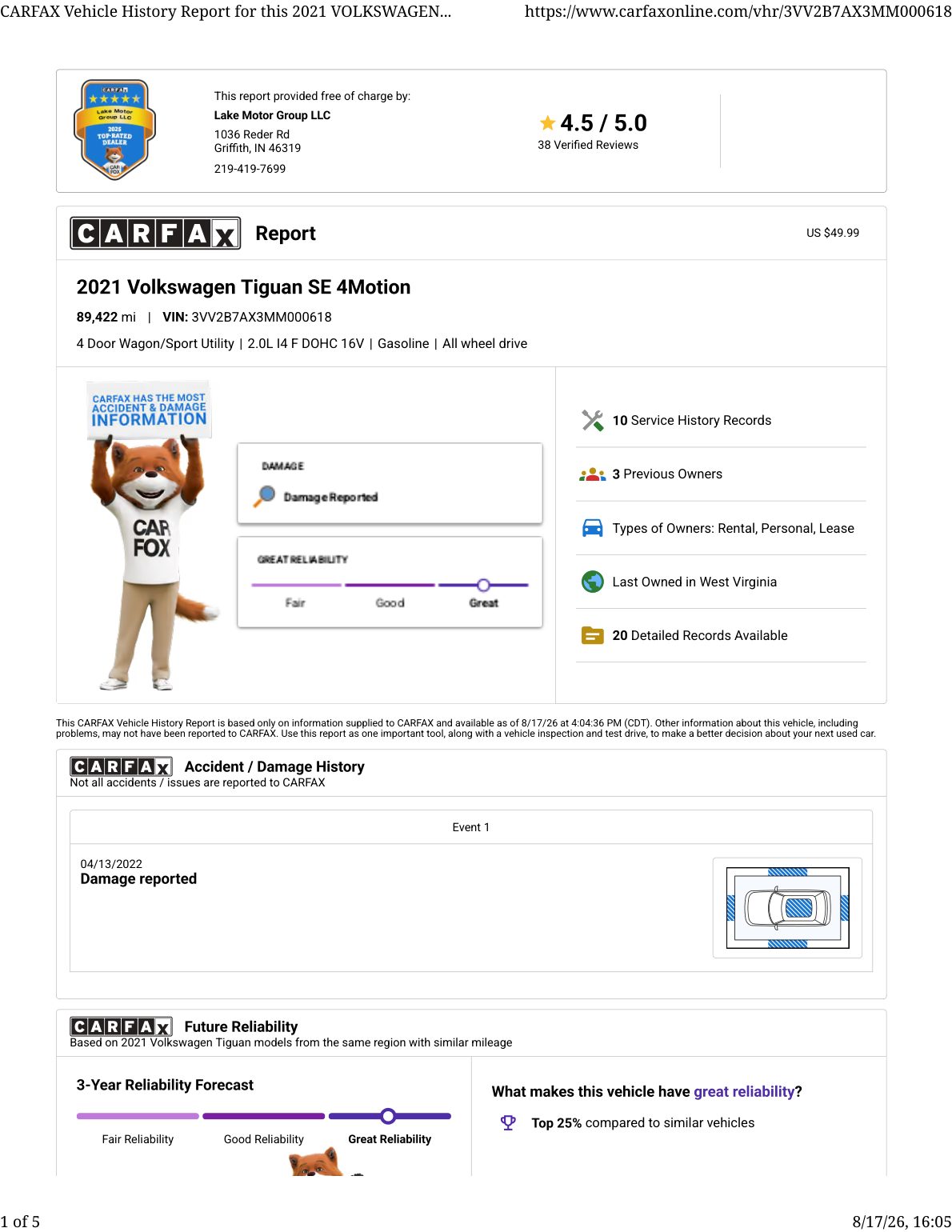 CARFAX vehicle history report — first page