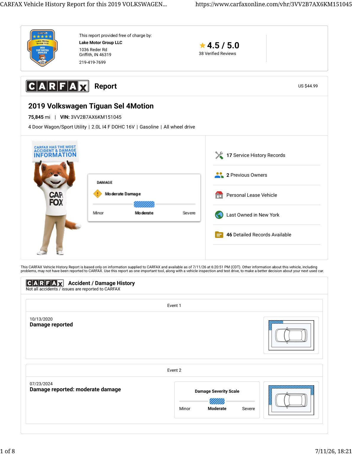 CARFAX vehicle history report — first page