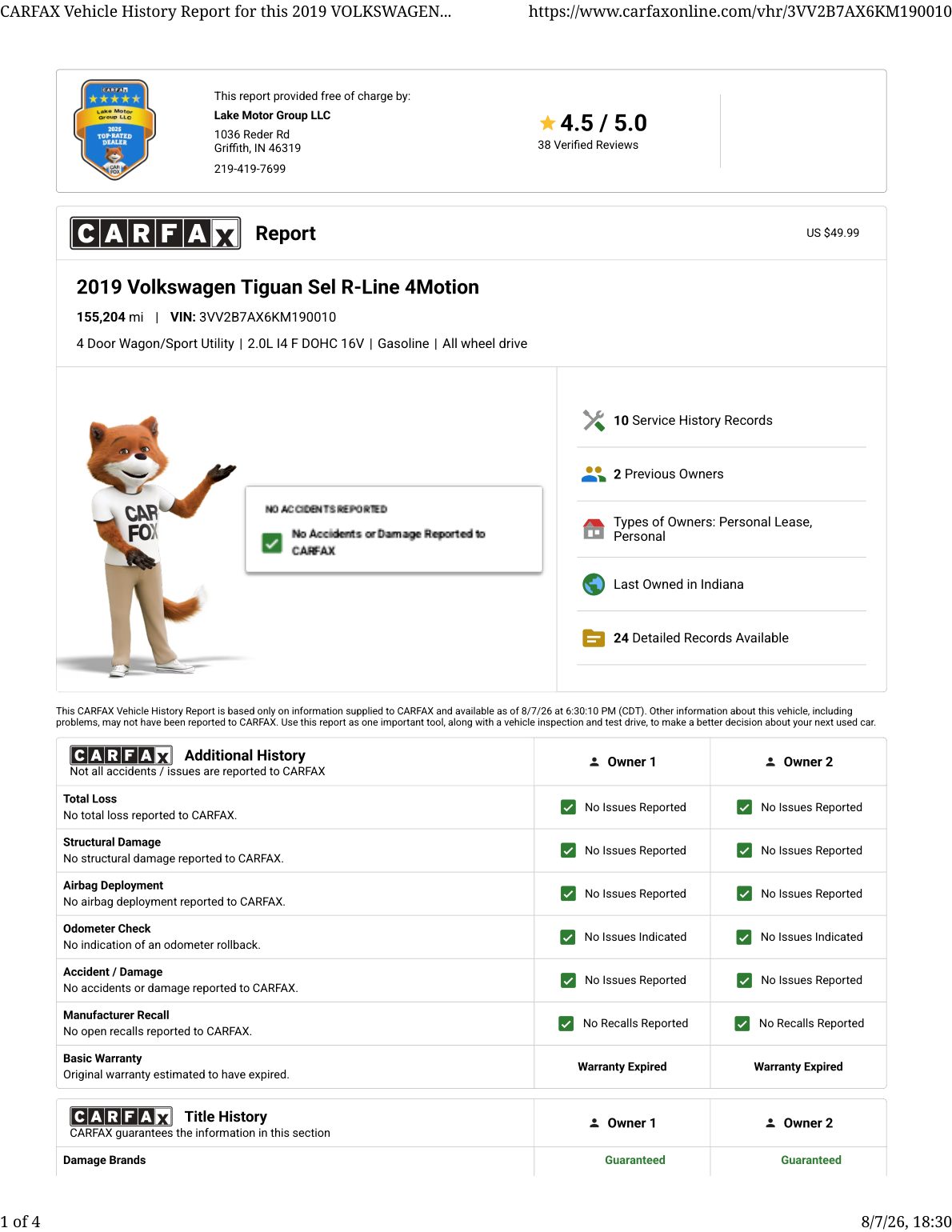 CARFAX vehicle history report — first page