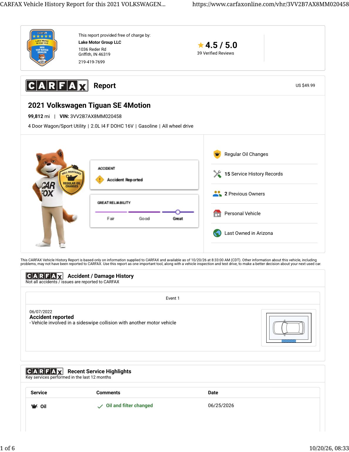 CARFAX vehicle history report — first page
