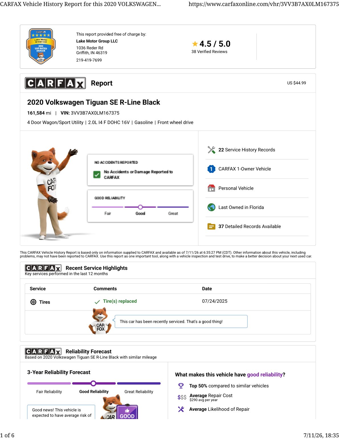 CARFAX vehicle history report — first page