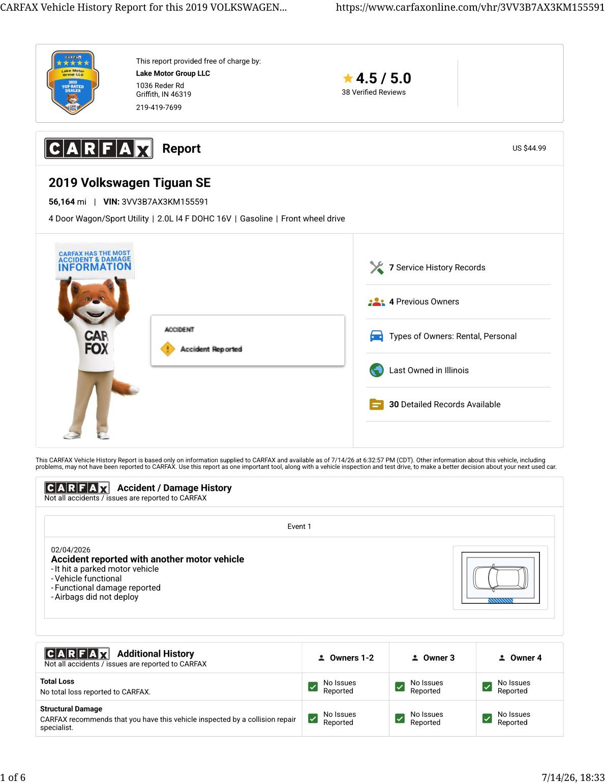 CARFAX vehicle history report — first page