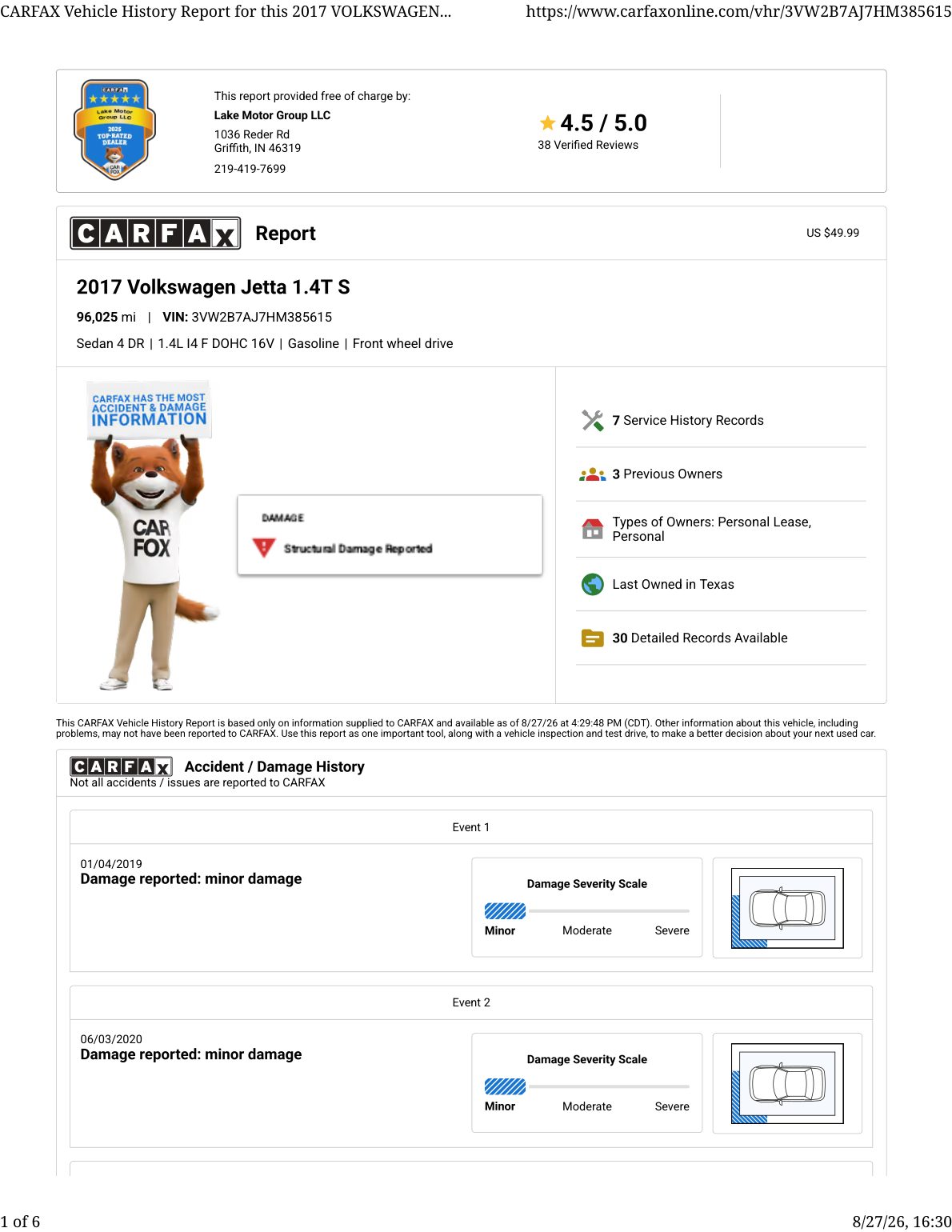 CARFAX vehicle history report — first page