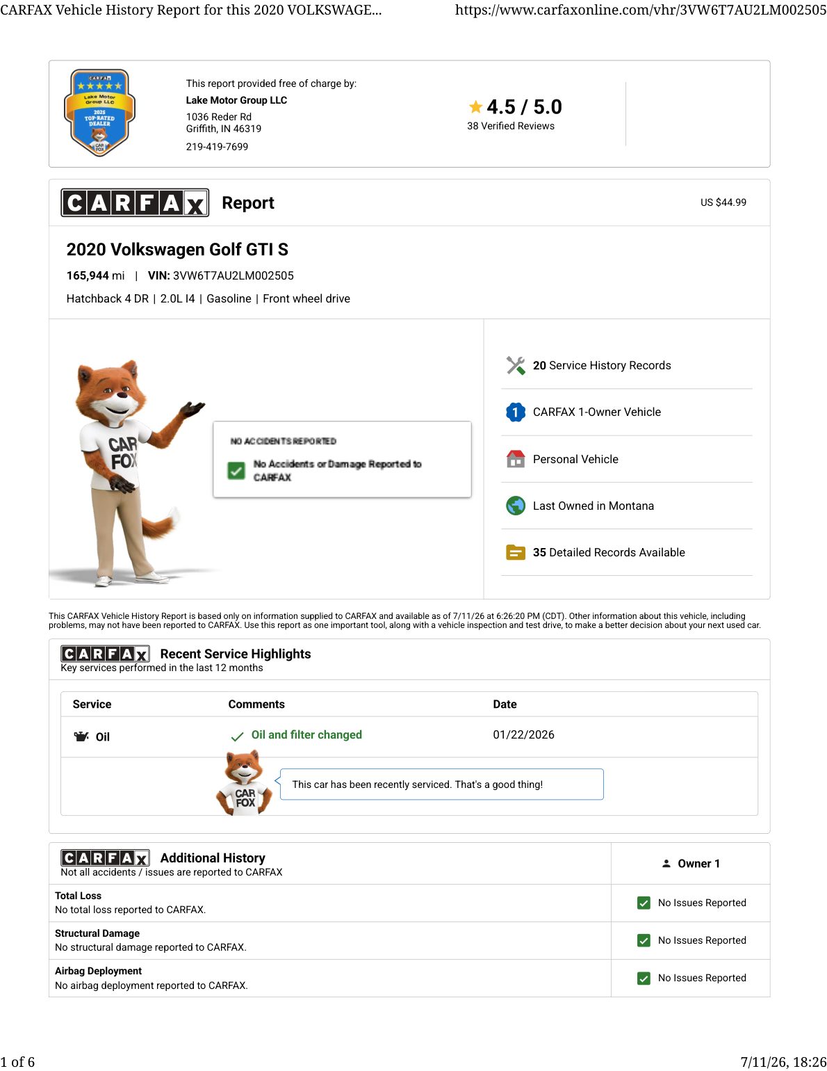 CARFAX vehicle history report — first page