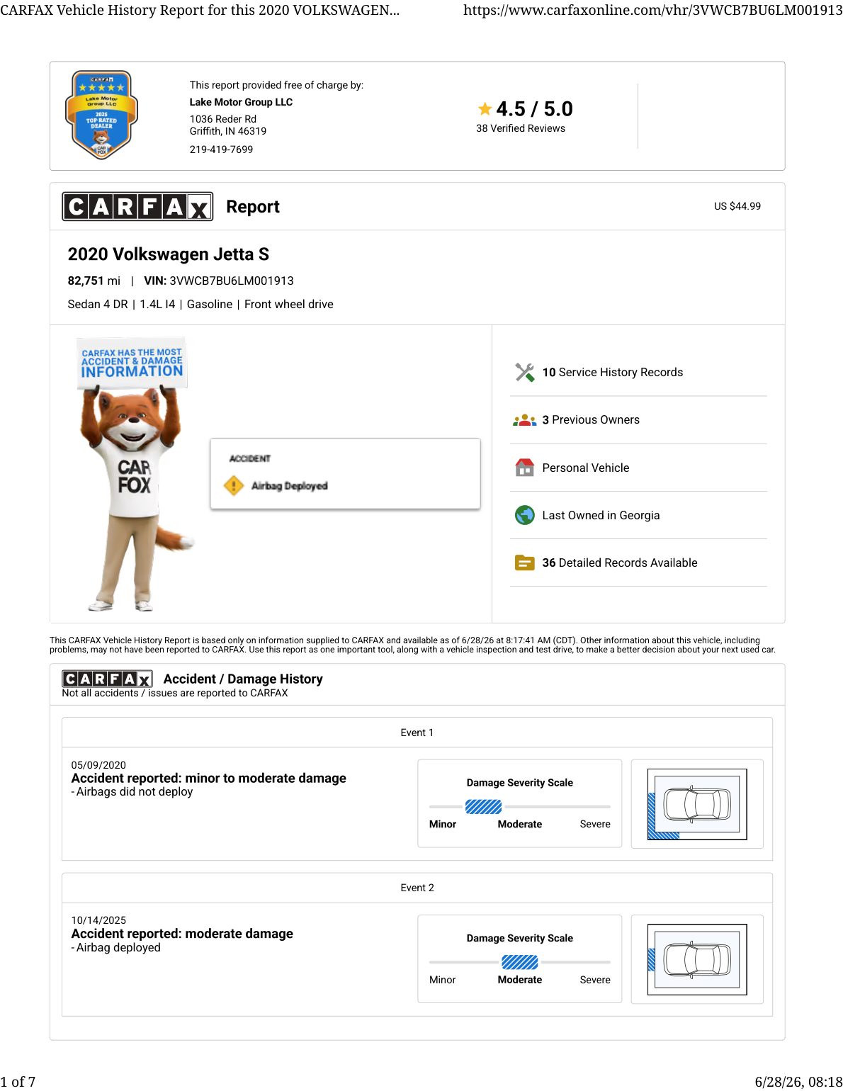 CARFAX vehicle history report — first page