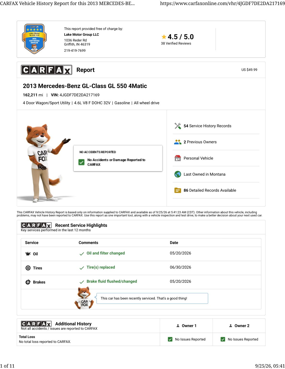 CARFAX vehicle history report — first page