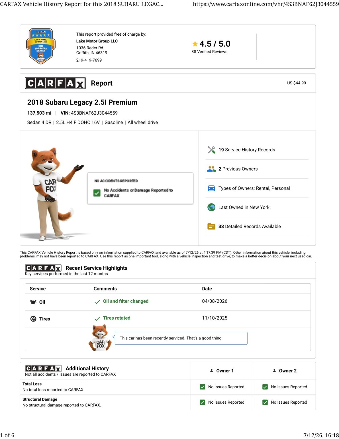 CARFAX vehicle history report — first page