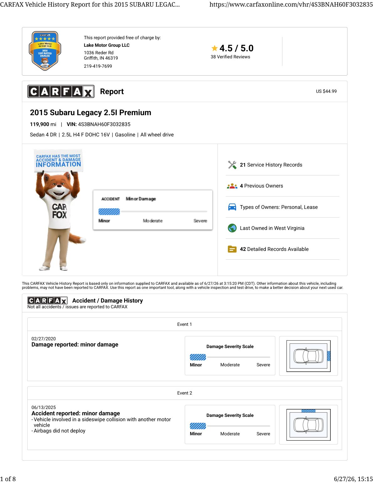 CARFAX vehicle history report — first page