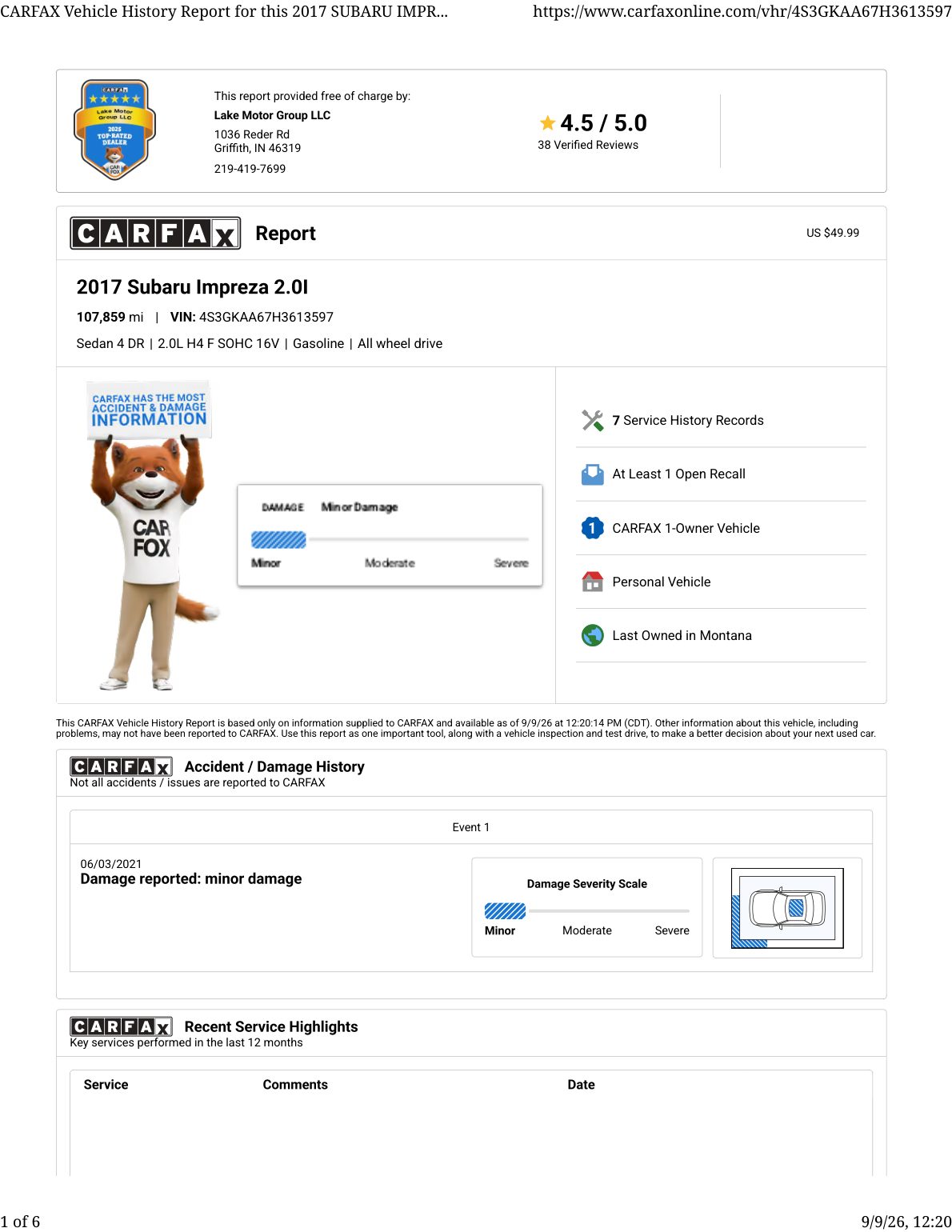CARFAX vehicle history report — first page