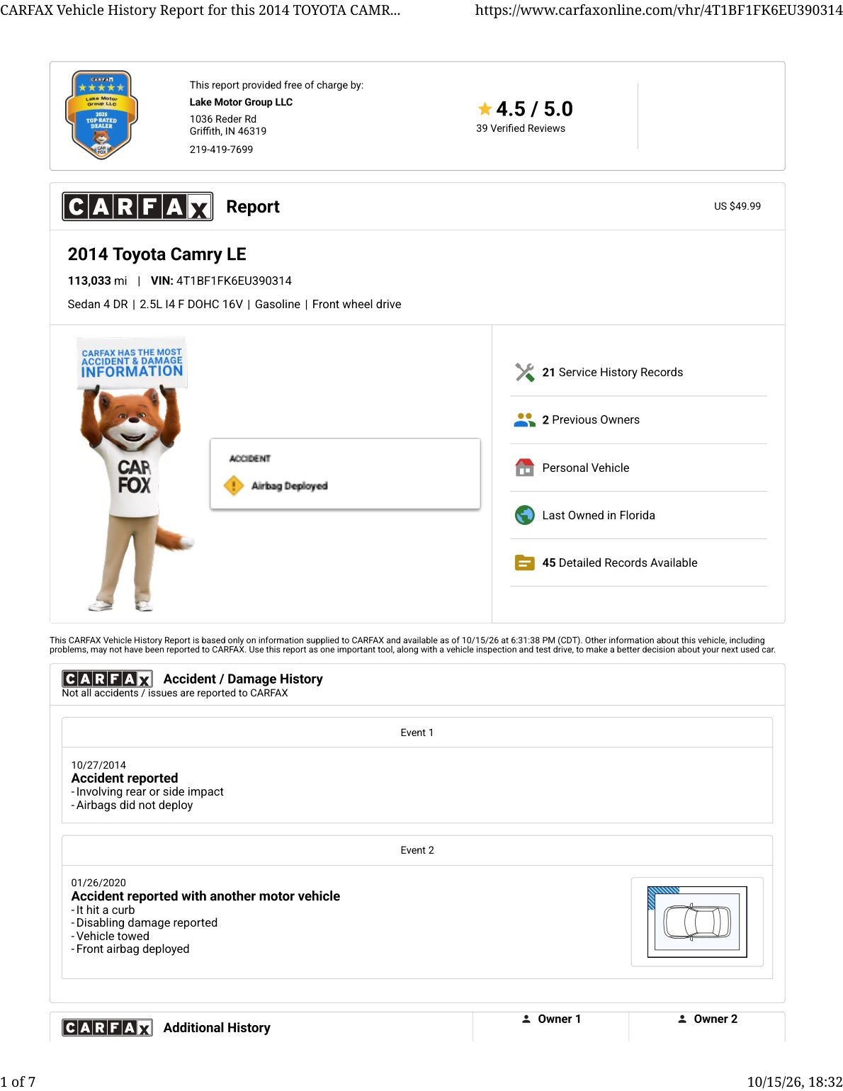 CARFAX vehicle history report — first page