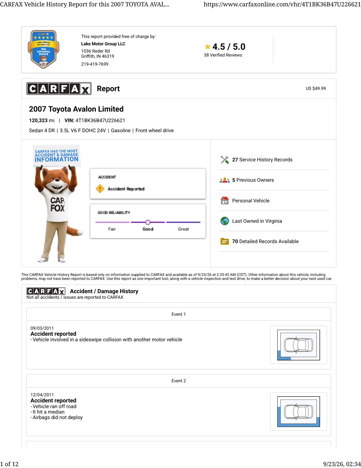 CARFAX vehicle history report — first page