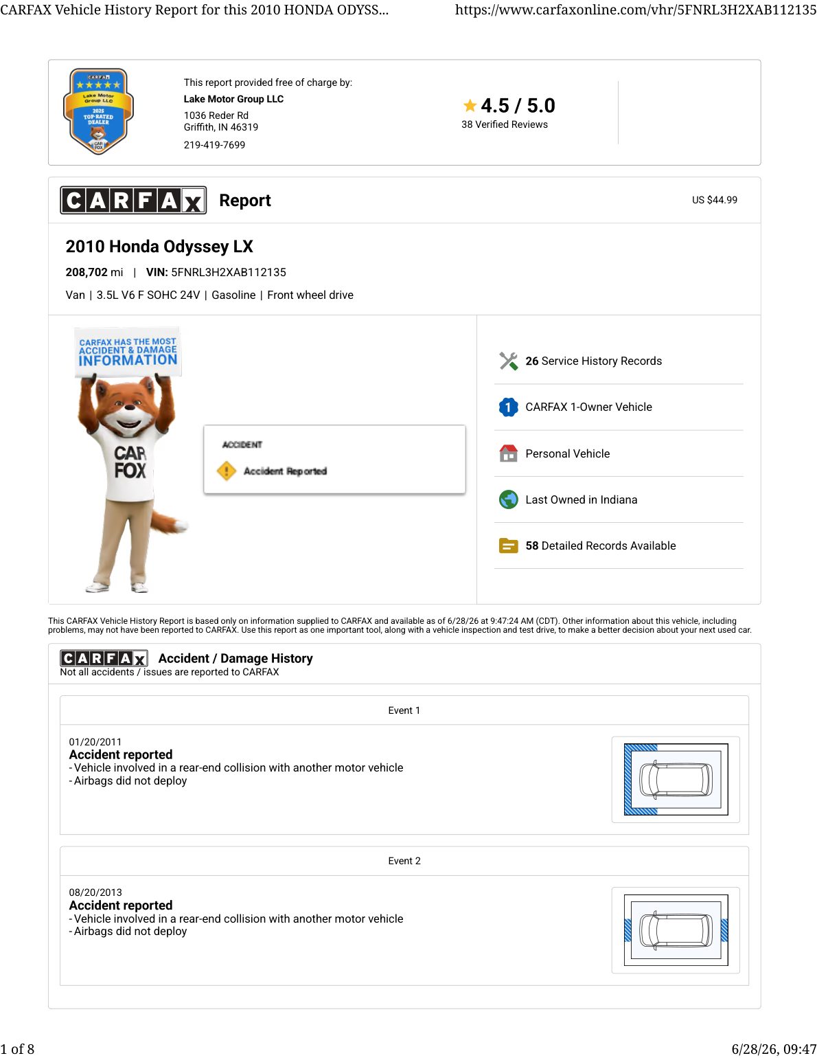 CARFAX vehicle history report — first page