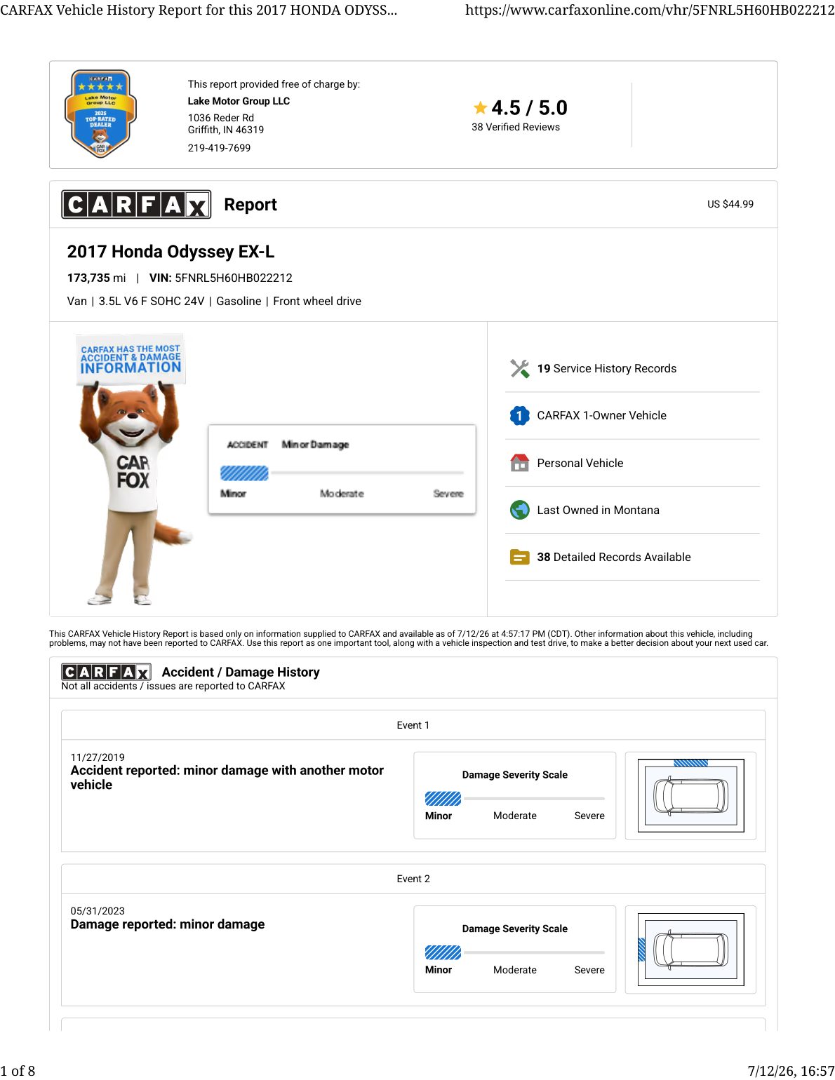 CARFAX vehicle history report — first page