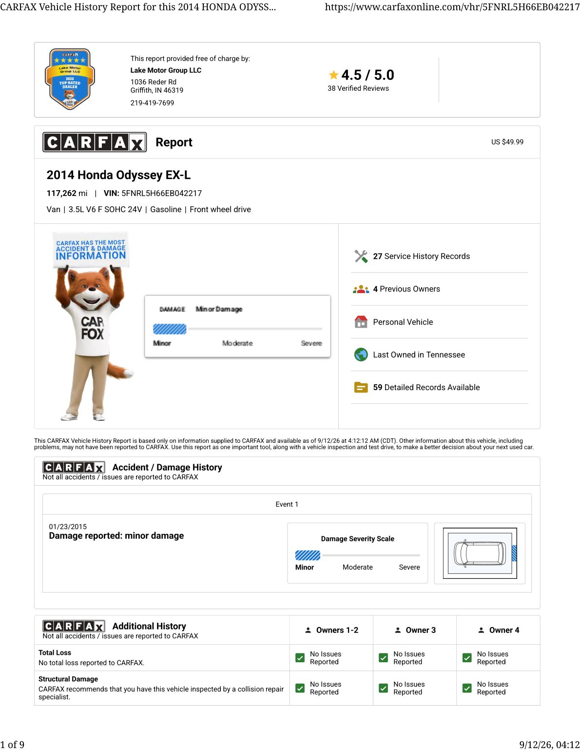 CARFAX vehicle history report — first page